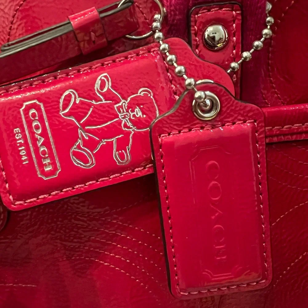 Coach Magenta Pink Stitched Patent Leather Crossbody Tote Bag